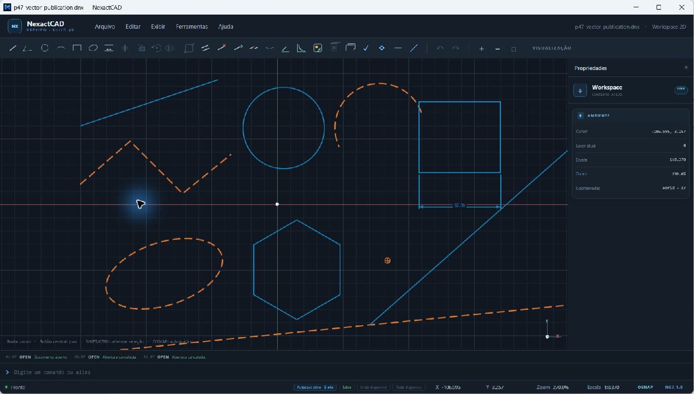NexactCAD exibindo entidades de desenho técnico 2D