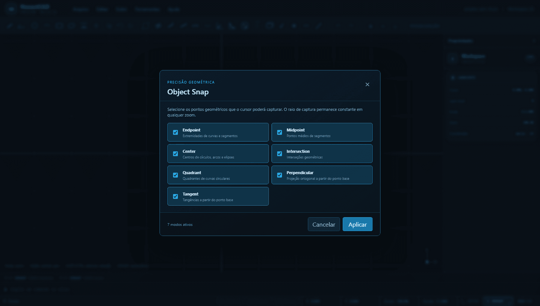 Janela de configuração Object Snap do NexactCAD com sete modos de precisão